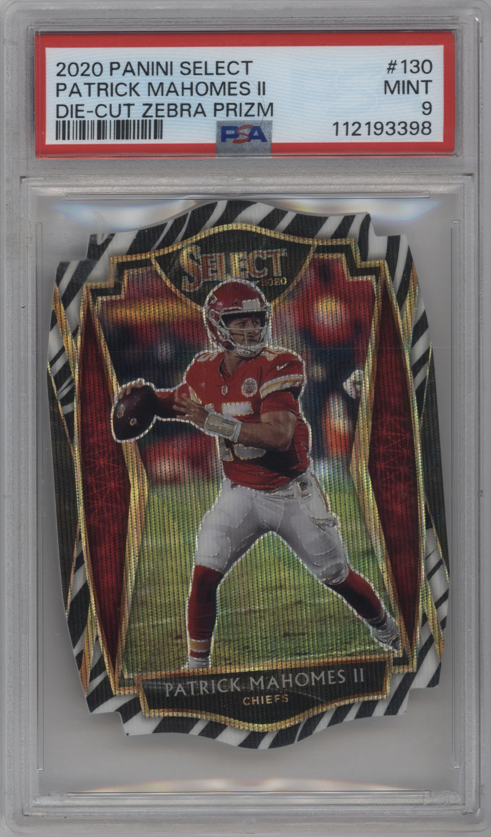 2020 Panini Select Pre.Lvl. Patrick Mahomes II Die-Cut Zebra #130 PSA 9