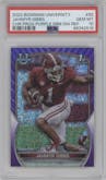 Jahmyr Gibbs from the 2022 Bowman University Chrome set featuring a Purple Mini-Diamond Refractor parallel graded by PSA and given an overall grade of 10.