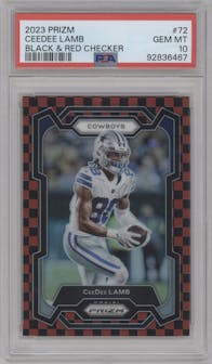  CeeDee Lamb from the 2023 Panini Prizm set featuring a Black/Red Checker parallel graded by PSA and given an overall grade of 10.