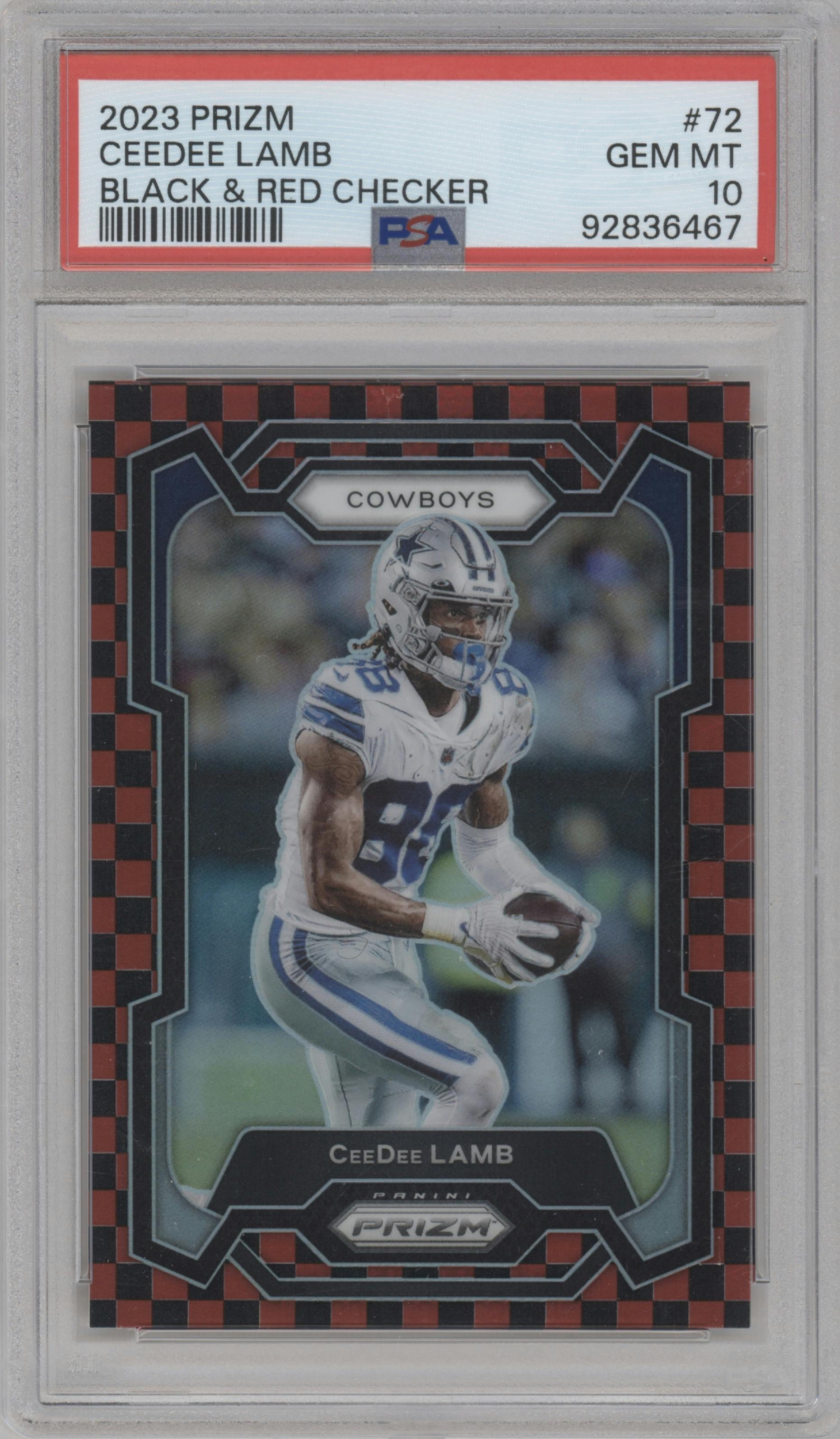  CeeDee Lamb from the 2023 Panini Prizm set featuring a Black/Red Checker parallel graded by PSA and given an overall grade of 10.