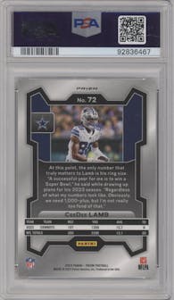  CeeDee Lamb from the 2023 Panini Prizm set featuring a Black/Red Checker parallel graded by PSA and given an overall grade of 10.