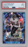 Lamar Jackson from the 2019 Panini Prizm set featuring a Blue Ice parallel graded by PSA and given an overall grade of 9.