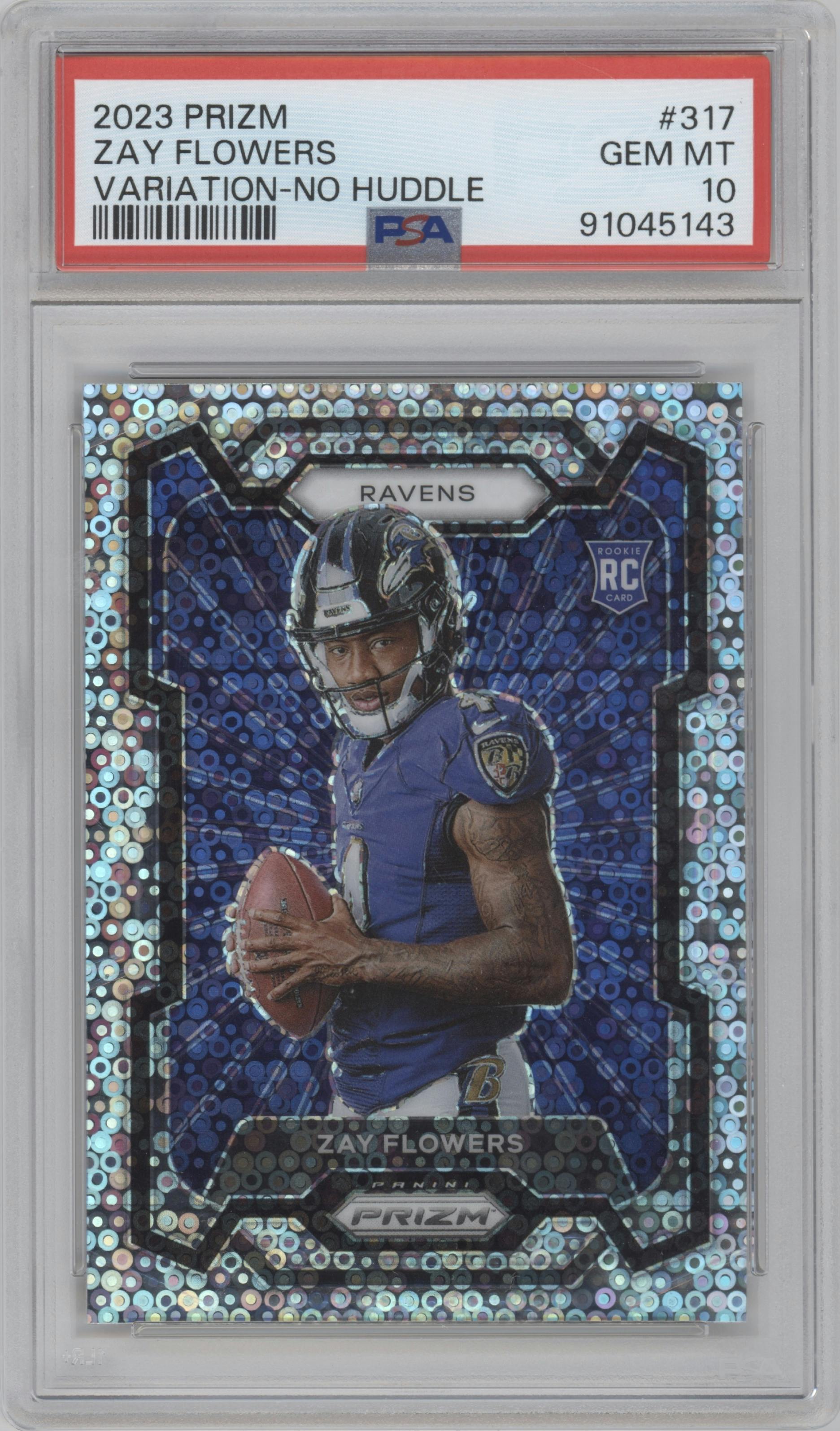Zay Flowers from the 2023 Panini Prizm set featuring a No Huddle parallel graded by PSA and given an overall grade of 10.