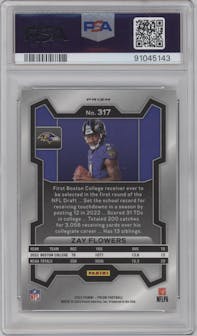 Zay Flowers from the 2023 Panini Prizm set featuring a No Huddle parallel graded by PSA and given an overall grade of 10.