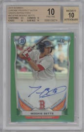 Mookie Betts from the 2014 Bowman set featuring a Green Refractor parallel graded by Beckett and given an overall grade of 10.
