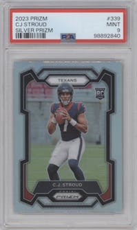 C.J. Stroud from the 2023 Panini Prizm set featuring a Silver Prizm parallel graded by PSA and given an overall grade of 9.