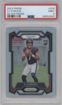 C.J. Stroud from the 2023 Panini Prizm set featuring a Silver Prizm parallel graded by PSA and given an overall grade of 9.