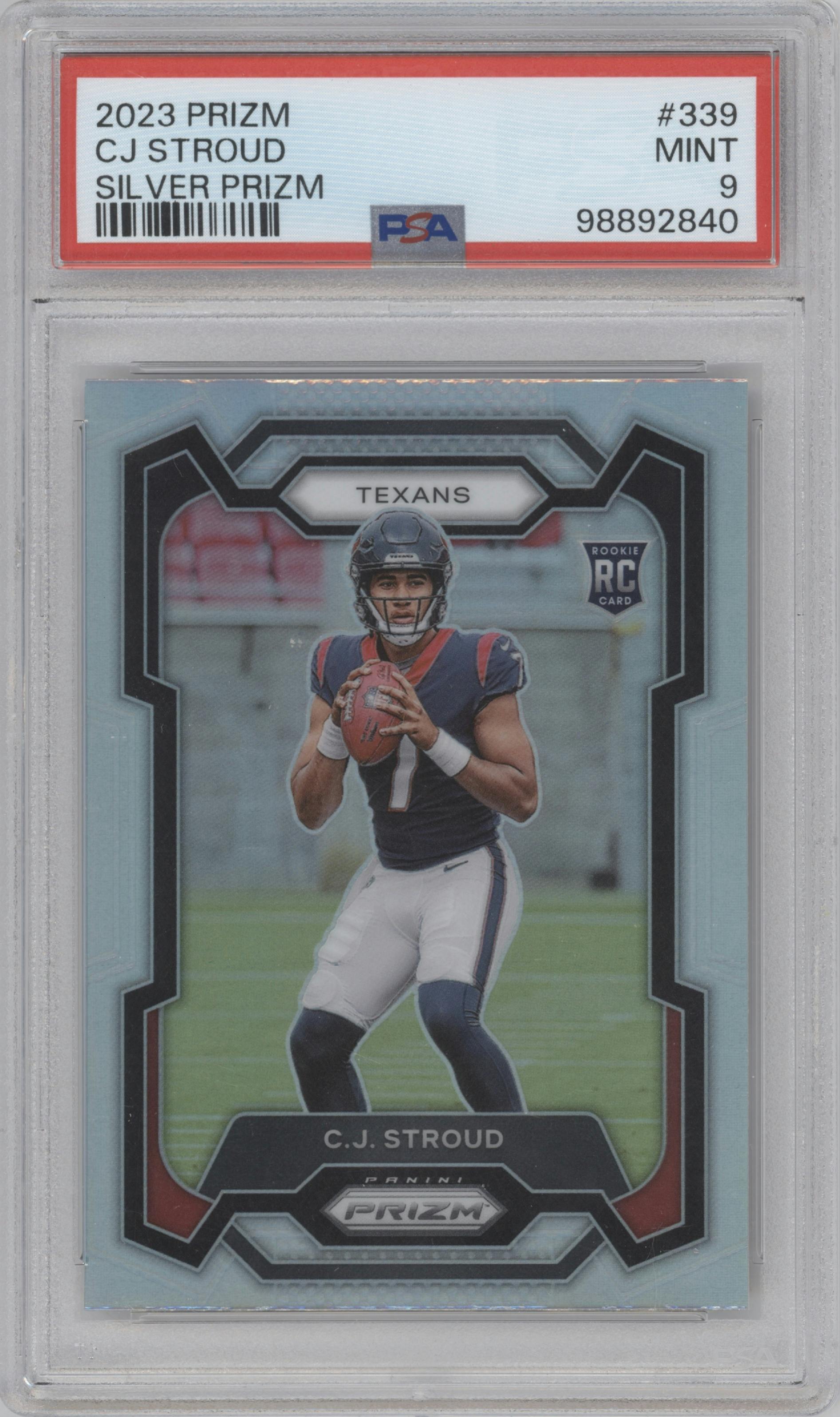 C.J. Stroud from the 2023 Panini Prizm set featuring a Silver Prizm parallel graded by PSA and given an overall grade of 9.