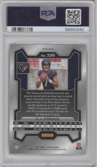 C.J. Stroud from the 2023 Panini Prizm set featuring a Silver Prizm parallel graded by PSA and given an overall grade of 9.
