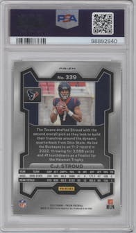 C.J. Stroud from the 2023 Panini Prizm set featuring a Silver Prizm parallel graded by PSA and given an overall grade of 9.