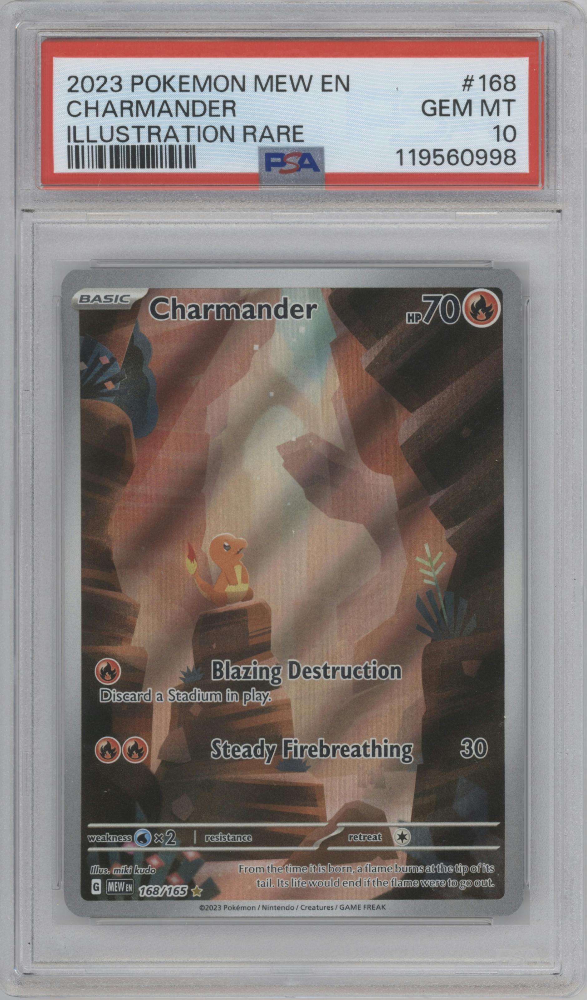 Charmander from the 2023 Pokemon SV set graded by PSA and given an overall grade of 10.
