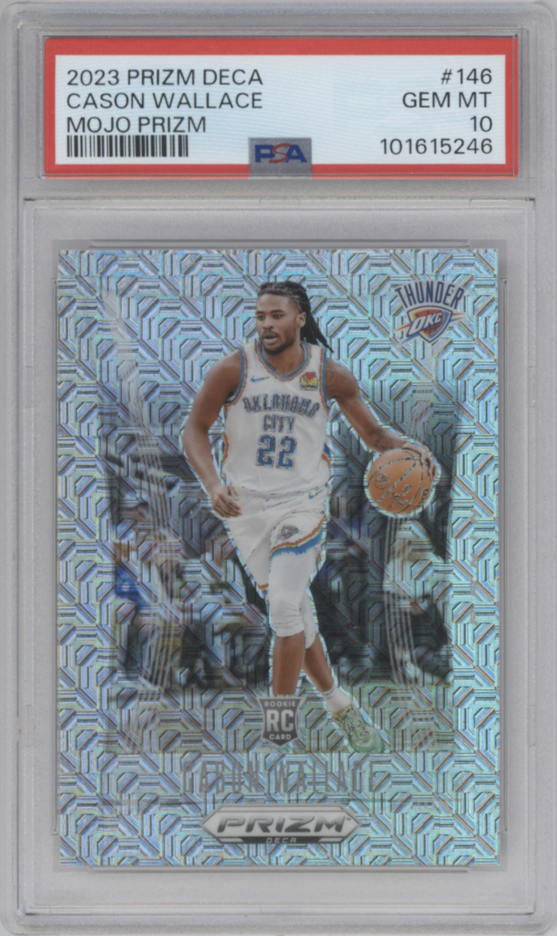 Cason Wallace from the 2023-24 Panini Prizm Deca set featuring a Mojo parallel graded by PSA and given an overall grade of 10.