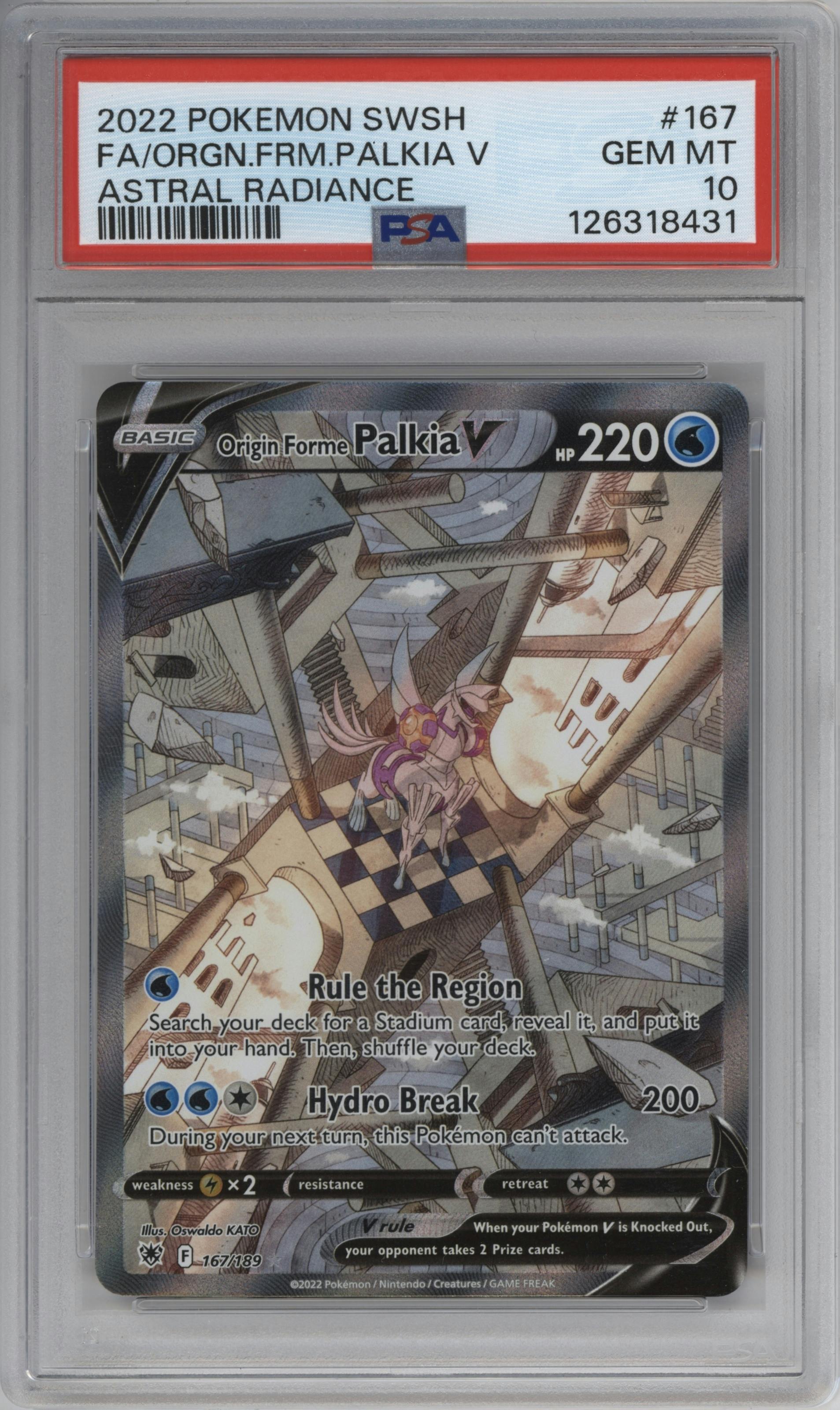 Origin Forme Palkia V from the 2022 Pokemon SWSH set graded by PSA and given an overall grade of 10.