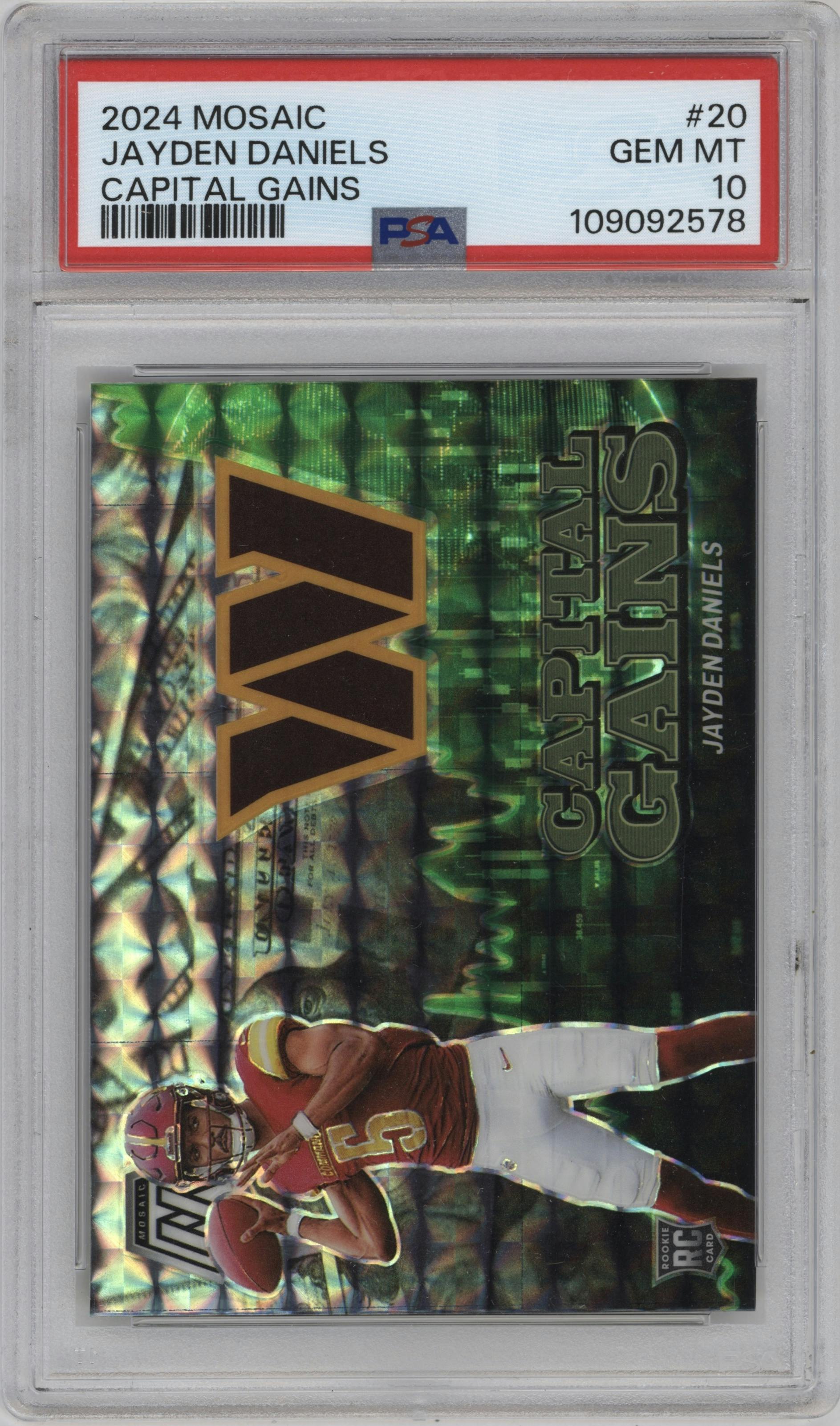 Jayden Daniels from the 2024 Panini Mosaic set graded by PSA and given an overall grade of 10.