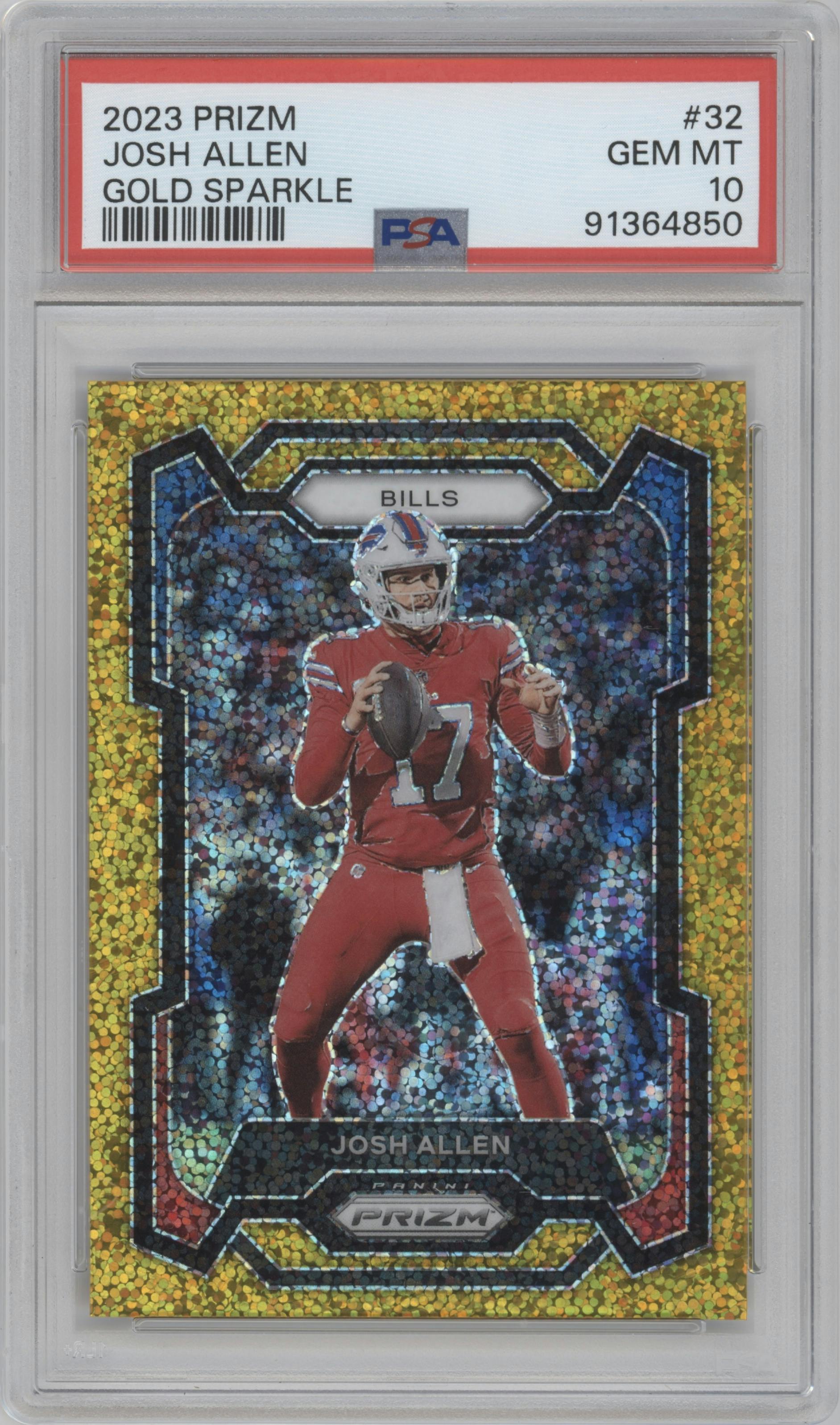 Josh Allen from the 2023 Panini Prizm set featuring a Gold Sparkle parallel graded by PSA and given an overall grade of 10.