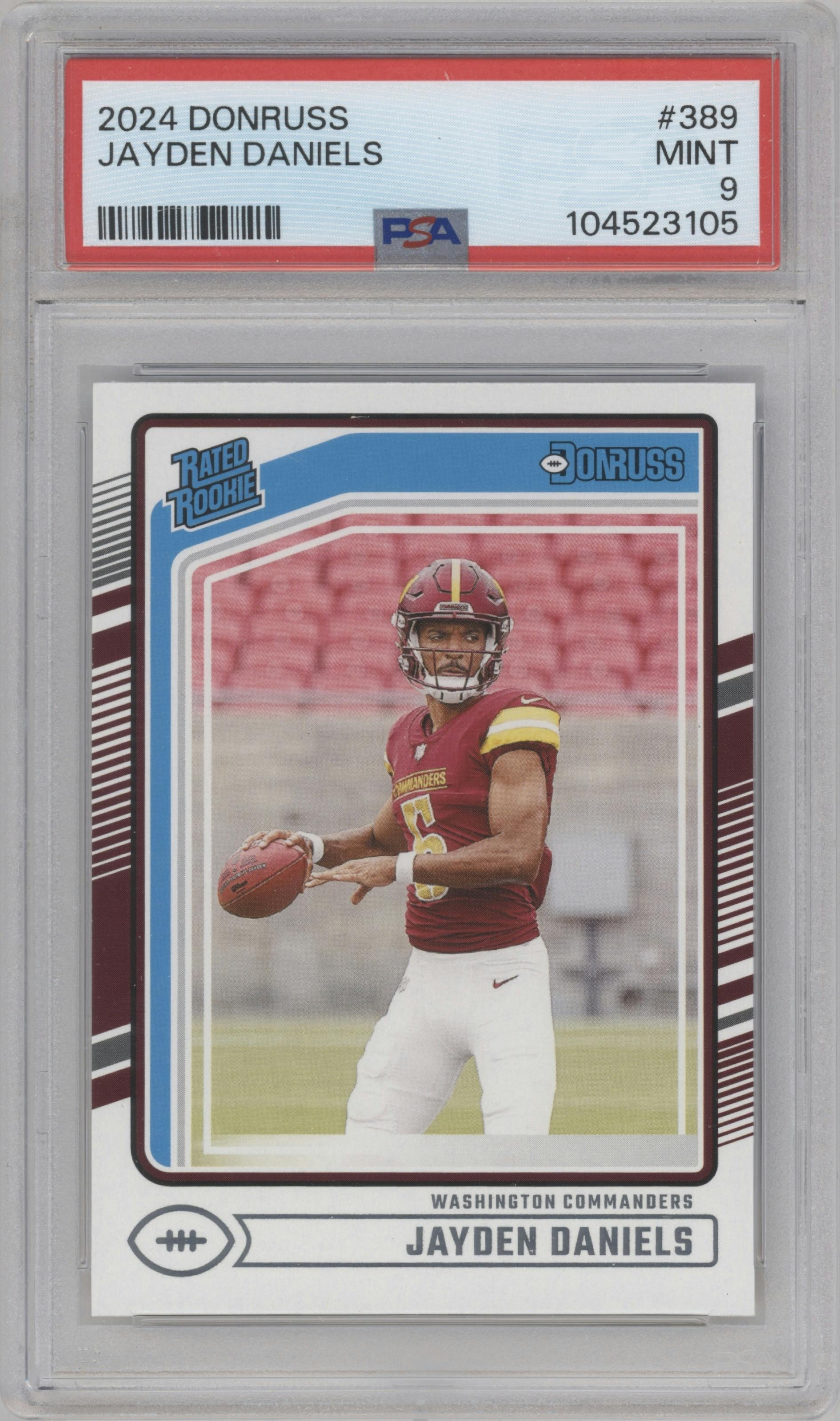 Jayden Daniels from the 2024 Donruss set graded by PSA and given an overall grade of 9.
