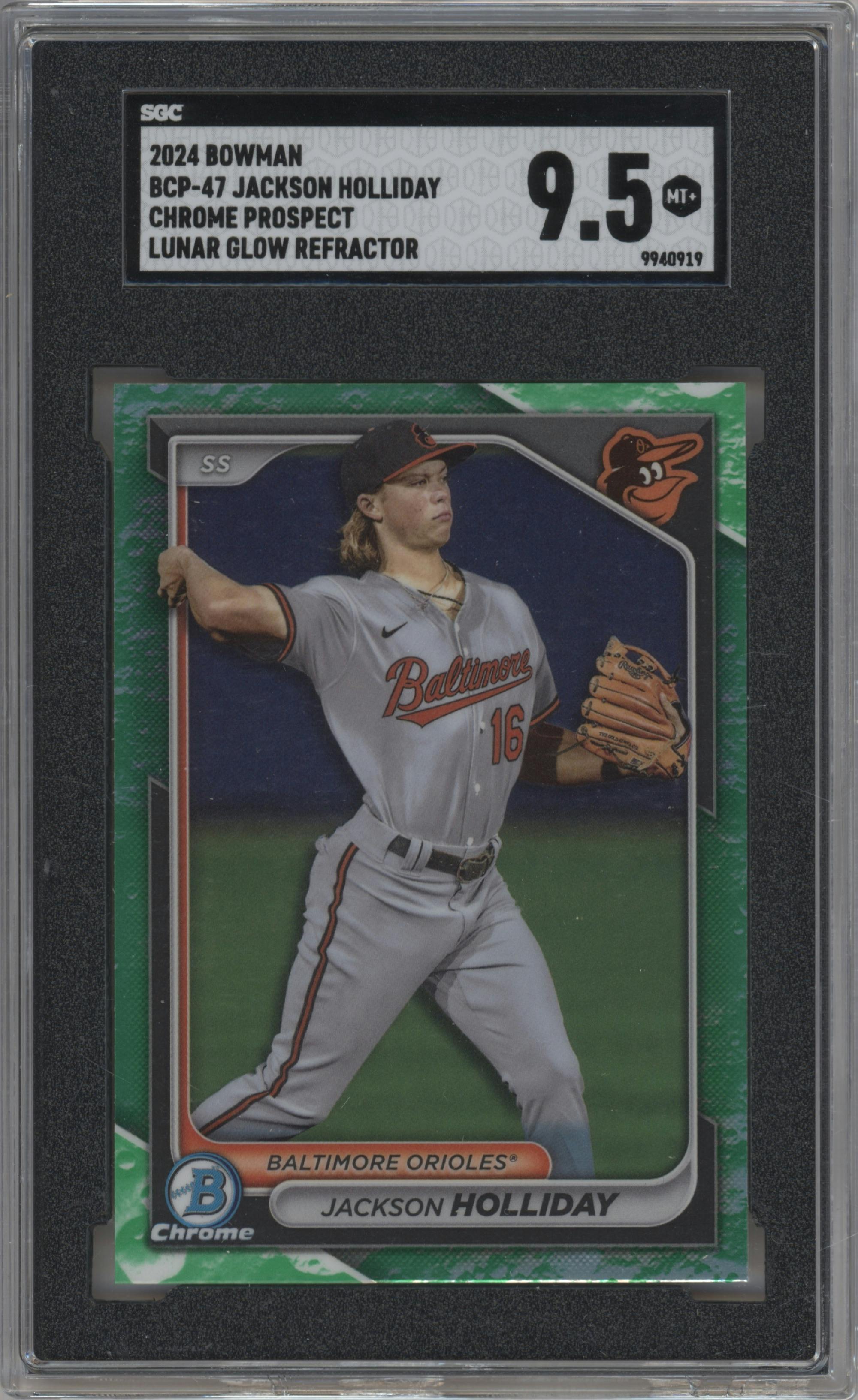 Jackson Holliday from the 2024 Bowman set featuring a Lunar Glow Refractor parallel graded by SGC and given an overall grade of 9.5.