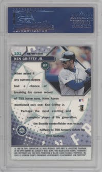 Ken Griffey Jr. from the 1999 Topps Finest set featuring a Refractor  parallel graded by PSA and given an overall grade of 10.