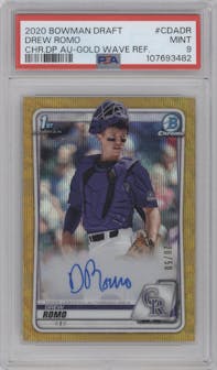Drew Romo from the 2020 Bowman Draft set featuring a Gold Wave Refractor parallel graded by PSA and given an overall grade of 9.