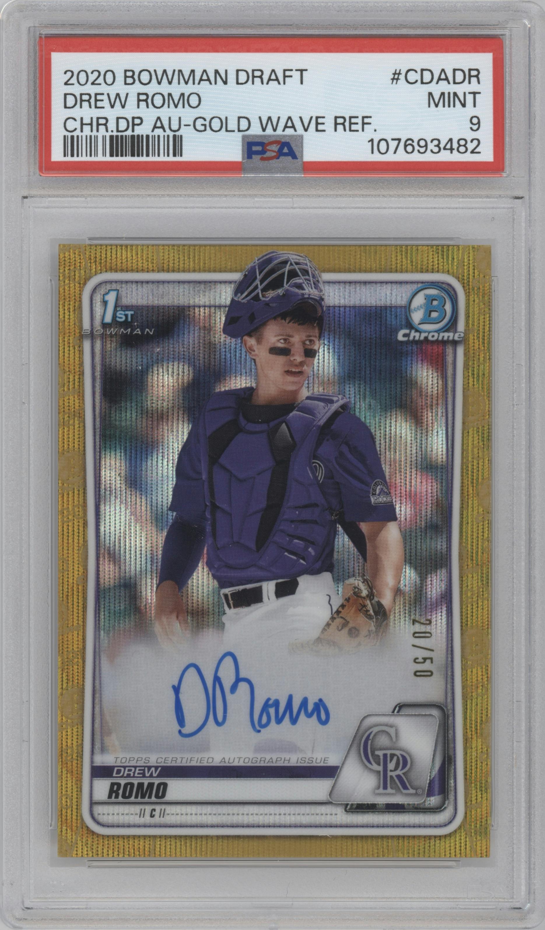 Drew Romo from the 2020 Bowman Draft set featuring a Gold Wave Refractor parallel graded by PSA and given an overall grade of 9.