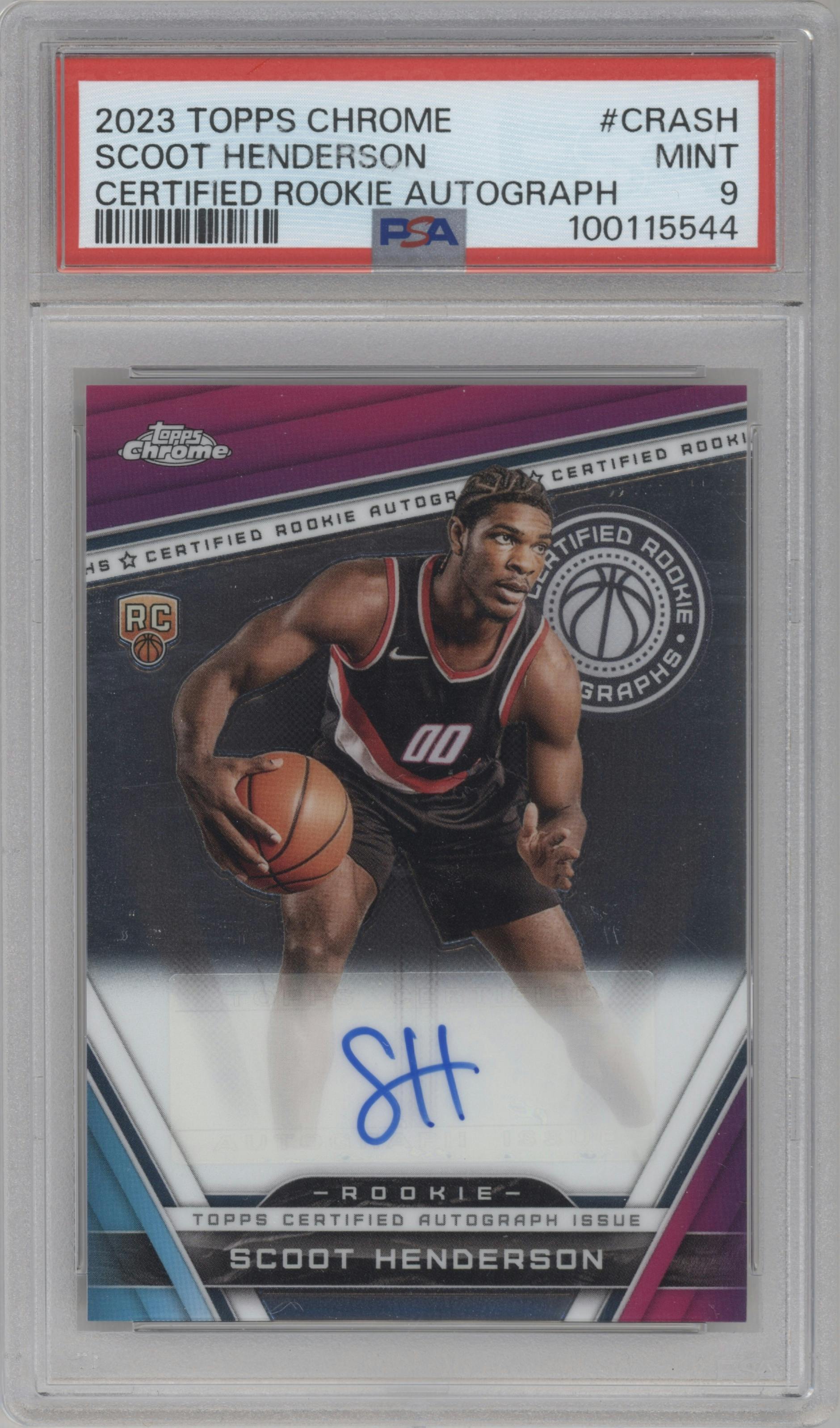 Scoot Henderson from the 2023-24 Topps Chrome set graded by PSA and given an overall grade of 9.