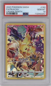 Pikachu  from the 2023 Pokemon SWSH set graded by PSA and given an overall grade of 10.