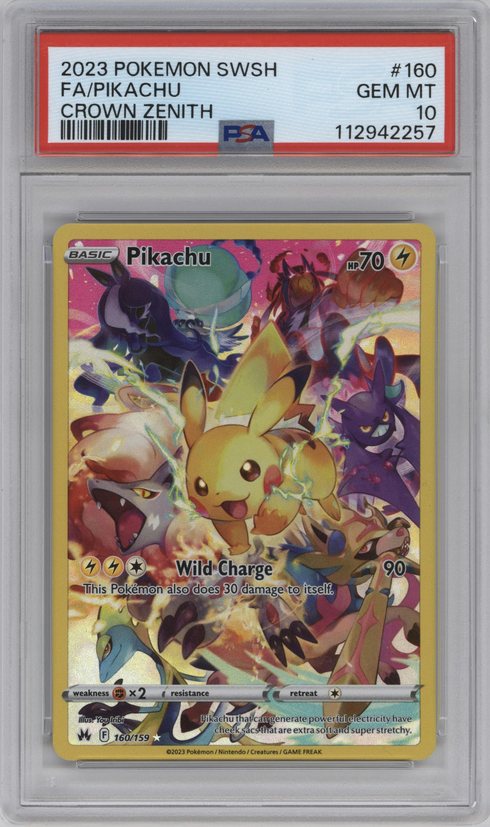 Pikachu  from the 2023 Pokemon SWSH set graded by PSA and given an overall grade of 10.