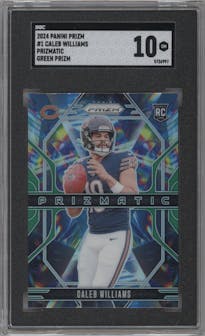 Caleb Williams from the 2024 Panini Prizm set featuring a Green Prizm parallel graded by SGC and given an overall grade of 10.