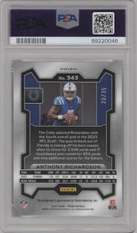 Anthony Richardson from the 2023 Panini Prizm set featuring a Red Shimmer parallel graded by PSA and given an overall grade of 9.