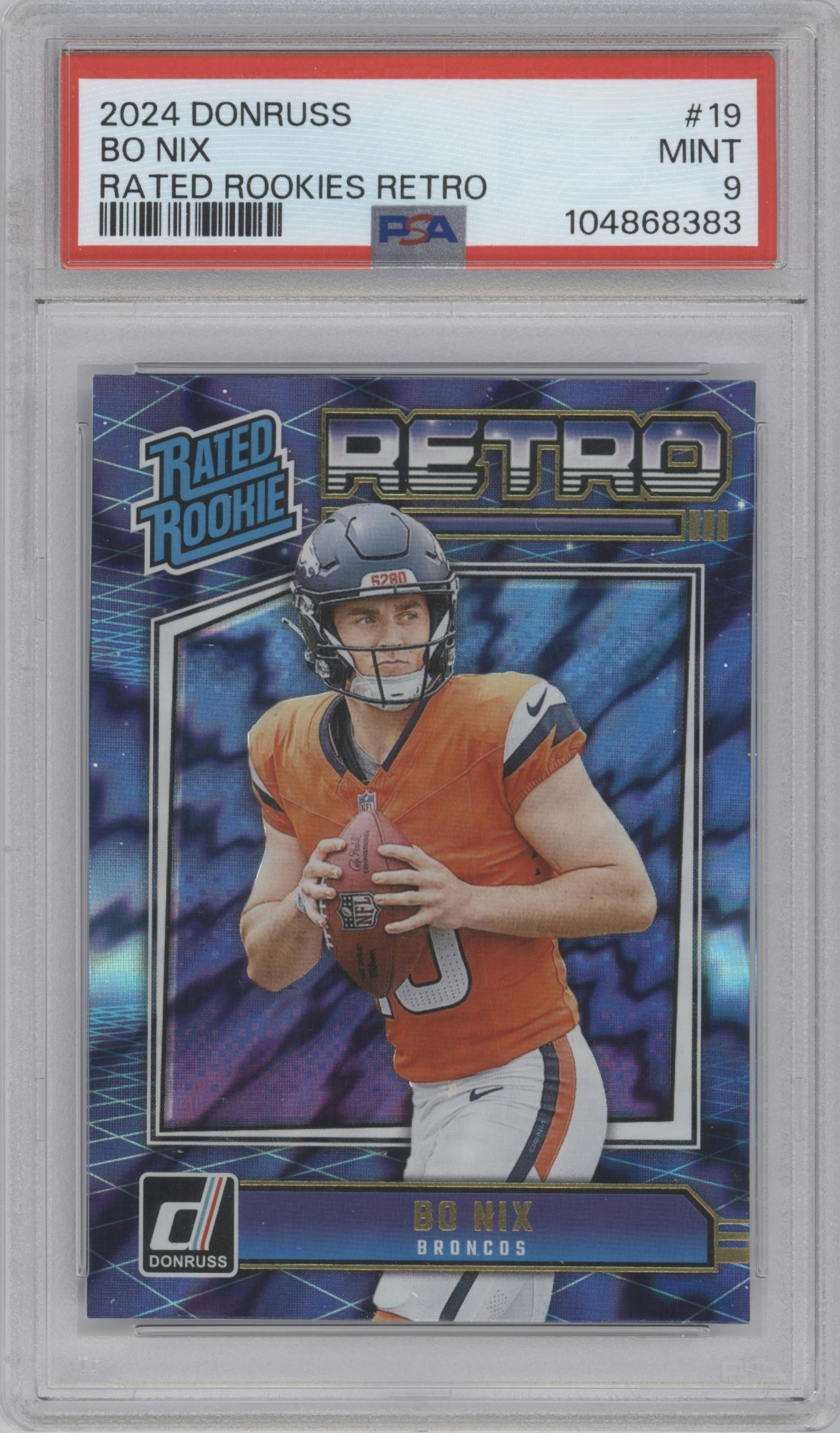 Bo Nix from the 2024 Donruss set graded by PSA and given an overall grade of 9.