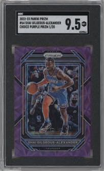 Shai Gilgeous-Alexander from the 2022-23 Panini Prizm  set featuring a Choice Purple  parallel graded by SGC and given an overall grade of 9.5.