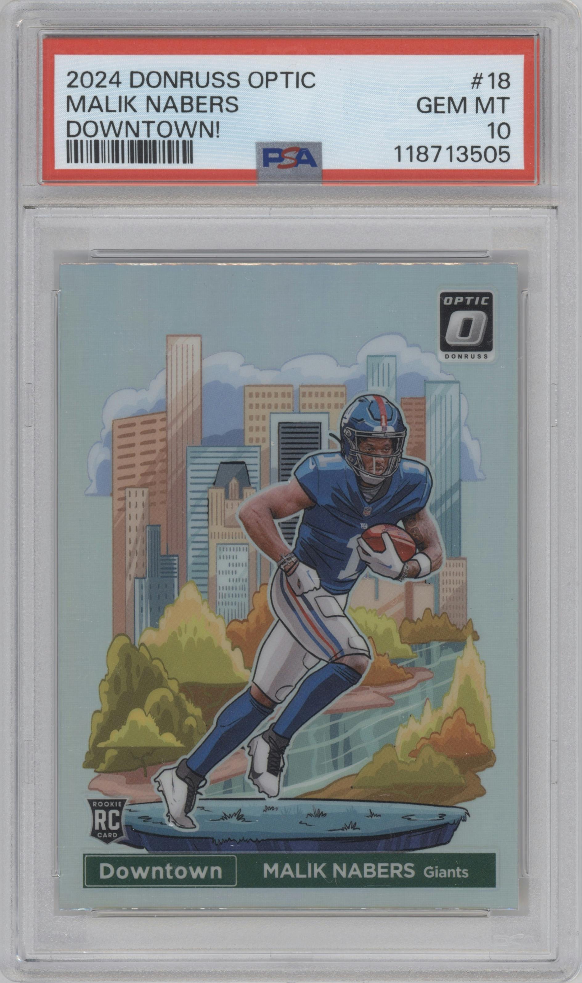 Malik Nabers from the 2024 Donruss Optic set graded by PSA and given an overall grade of 10.