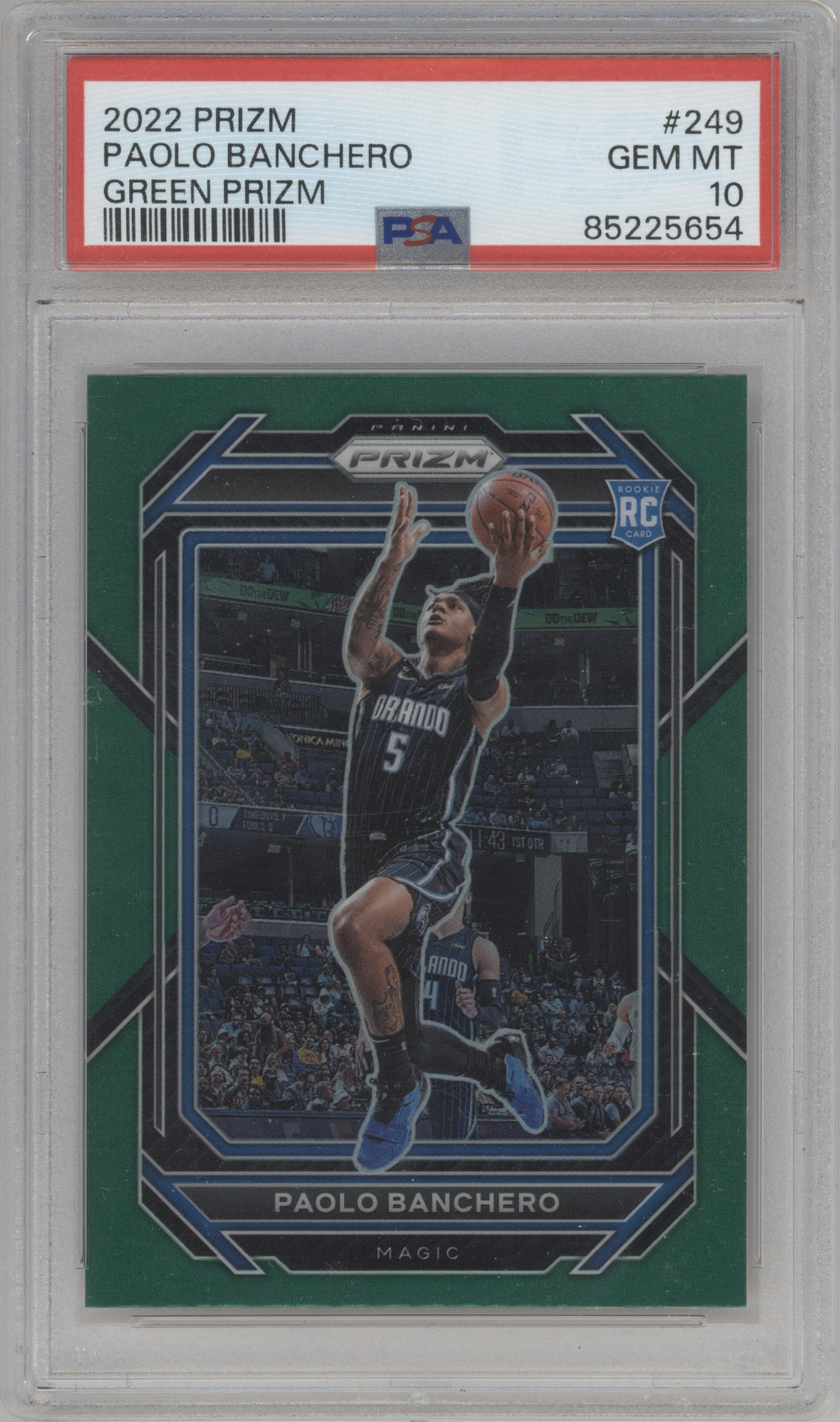 Paolo Banchero from the 2022-23 Panini Prizm  set featuring a Green Prizm parallel graded by PSA and given an overall grade of 10.