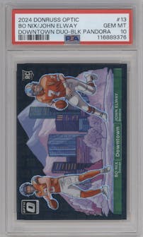 Bo Nix/John Elway from the 2024 Donruss Optic set featuring a Black Pandora parallel graded by PSA and given an overall grade of 10.