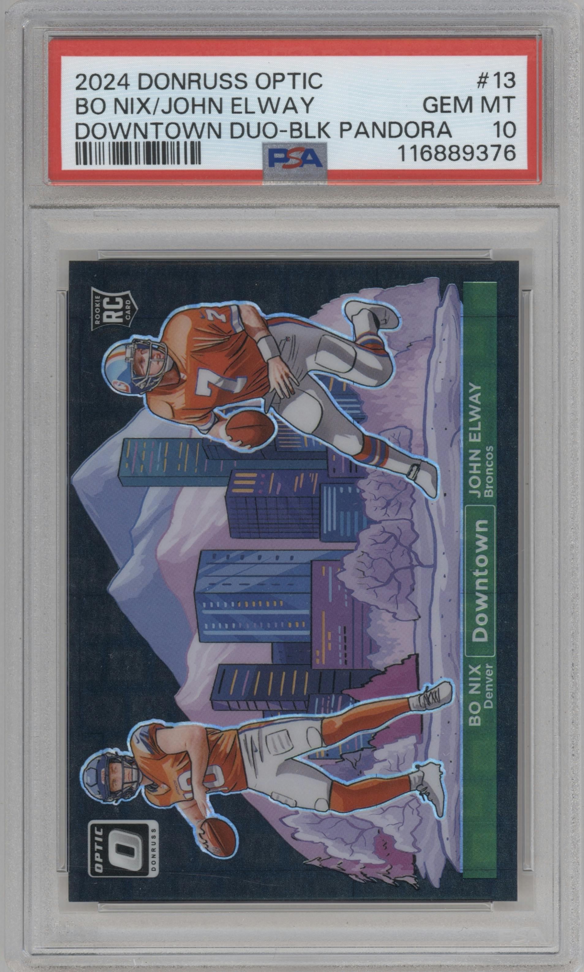 Bo Nix/John Elway from the 2024 Donruss Optic set featuring a Black Pandora parallel graded by PSA and given an overall grade of 10.