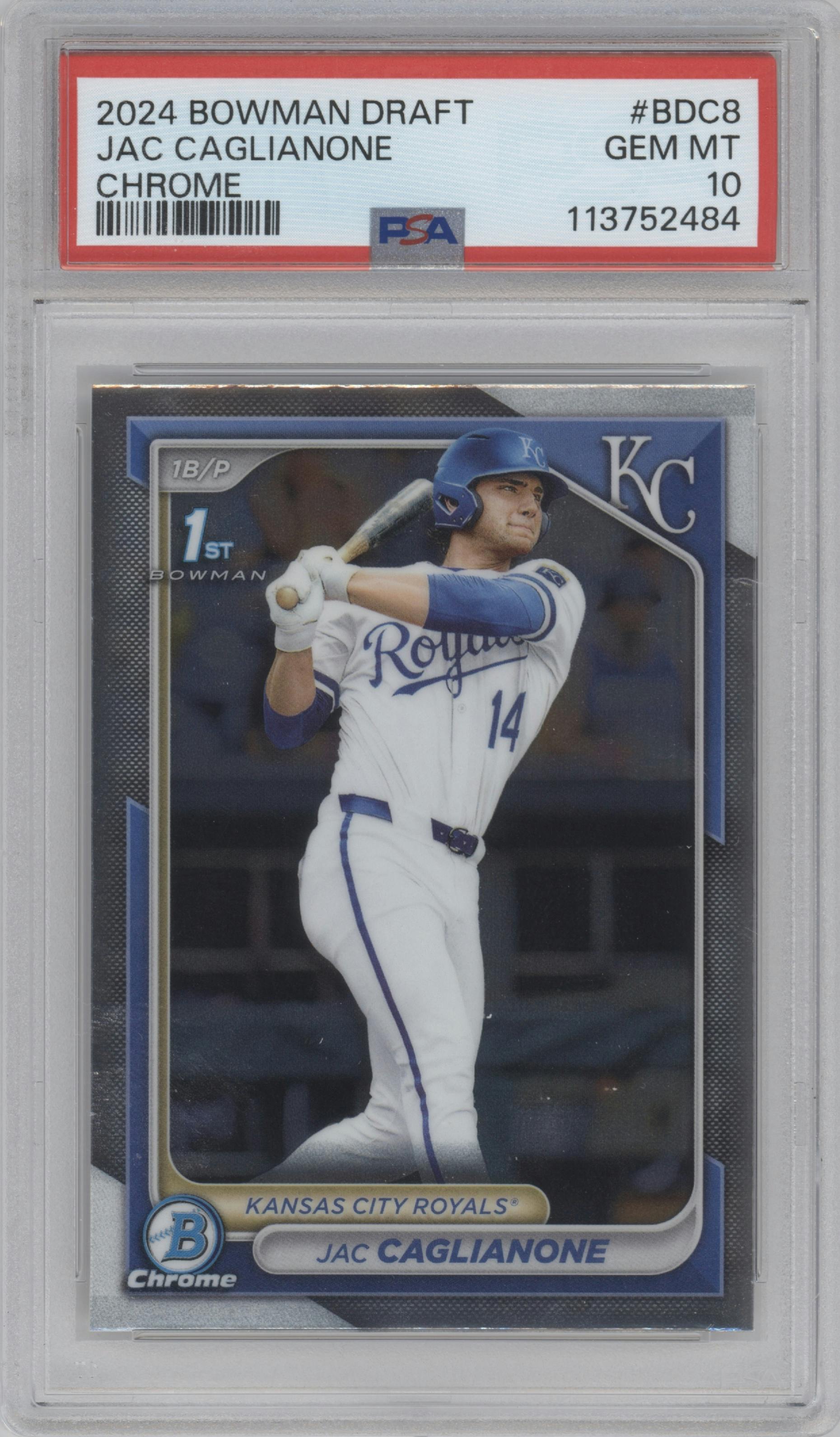Jac Caglianone from the 2024 Bowman Draft set graded by PSA and given an overall grade of 10.
