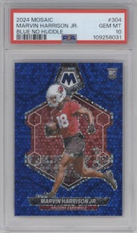 Marvin Harrison Jr. from the 2024 Panini Mosaic set featuring a No Huddle Blue parallel graded by PSA and given an overall grade of 10.