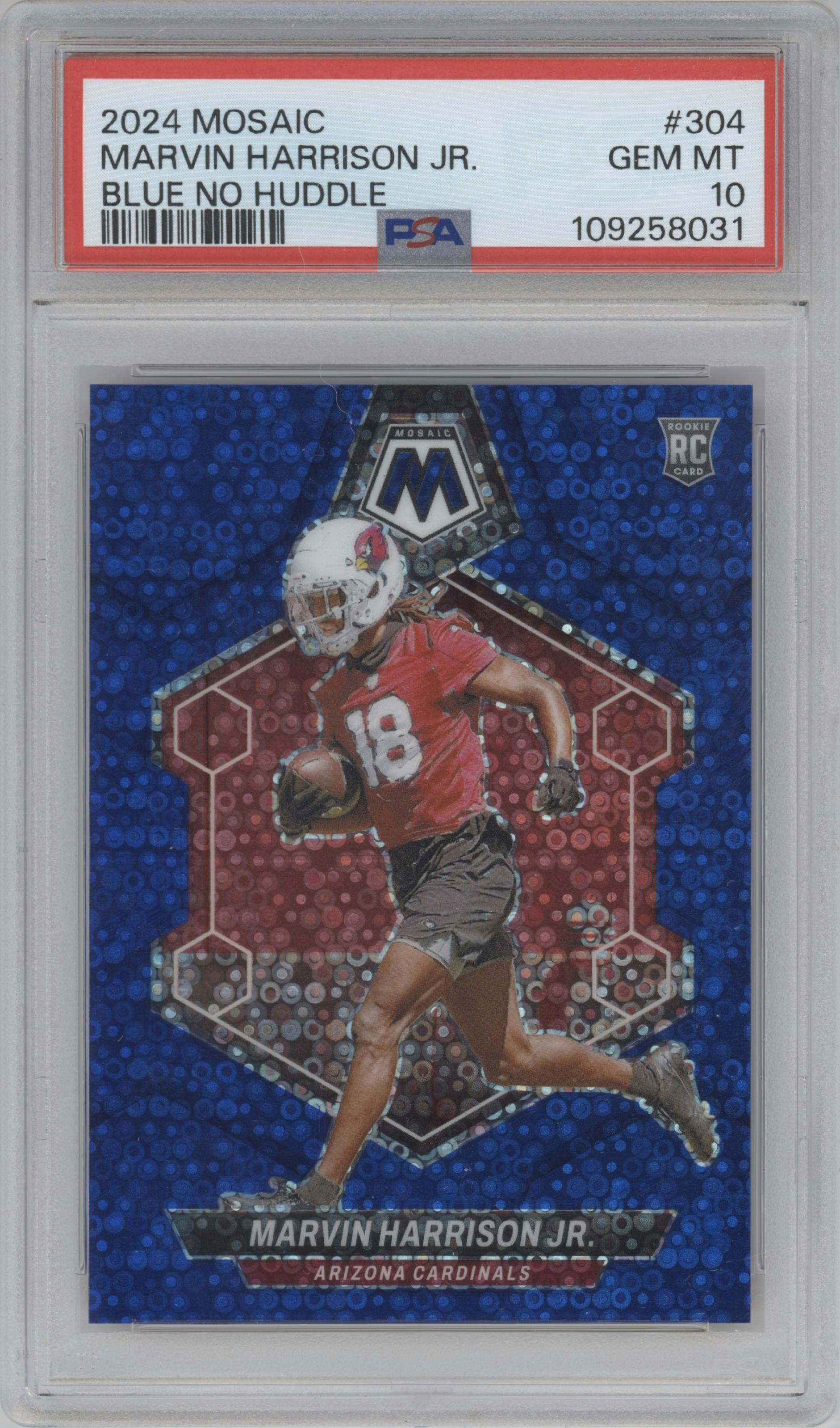 Marvin Harrison Jr. from the 2024 Panini Mosaic set featuring a No Huddle Blue parallel graded by PSA and given an overall grade of 10.