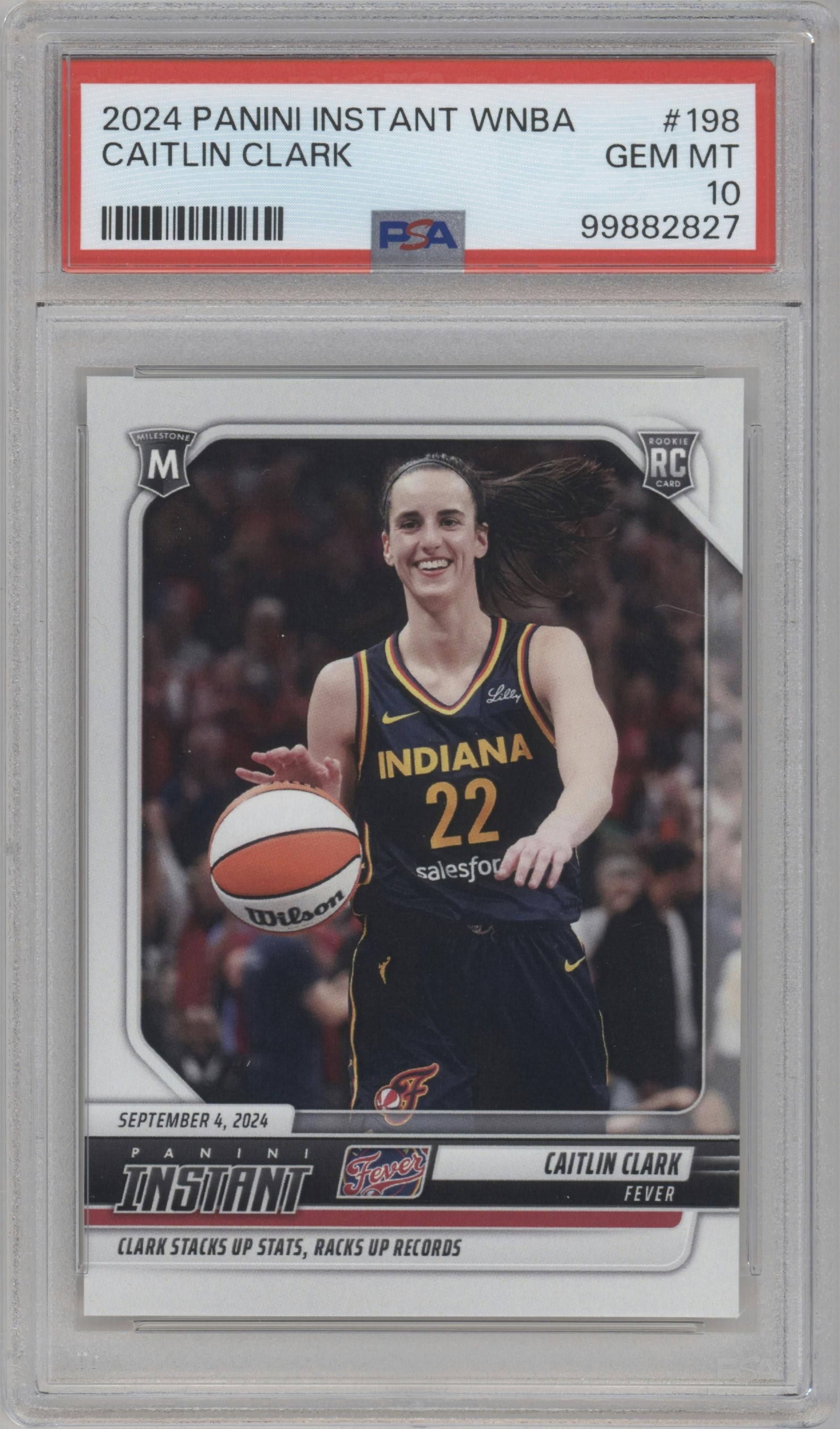 Caitlin Clark from the 2024-25 Panini Instant WNBA set graded by PSA and given an overall grade of 10.