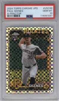 Paul Skenes from the 2024 Topps Chrome Update set featuring a X-Fractor parallel graded by PSA and given an overall grade of 10.