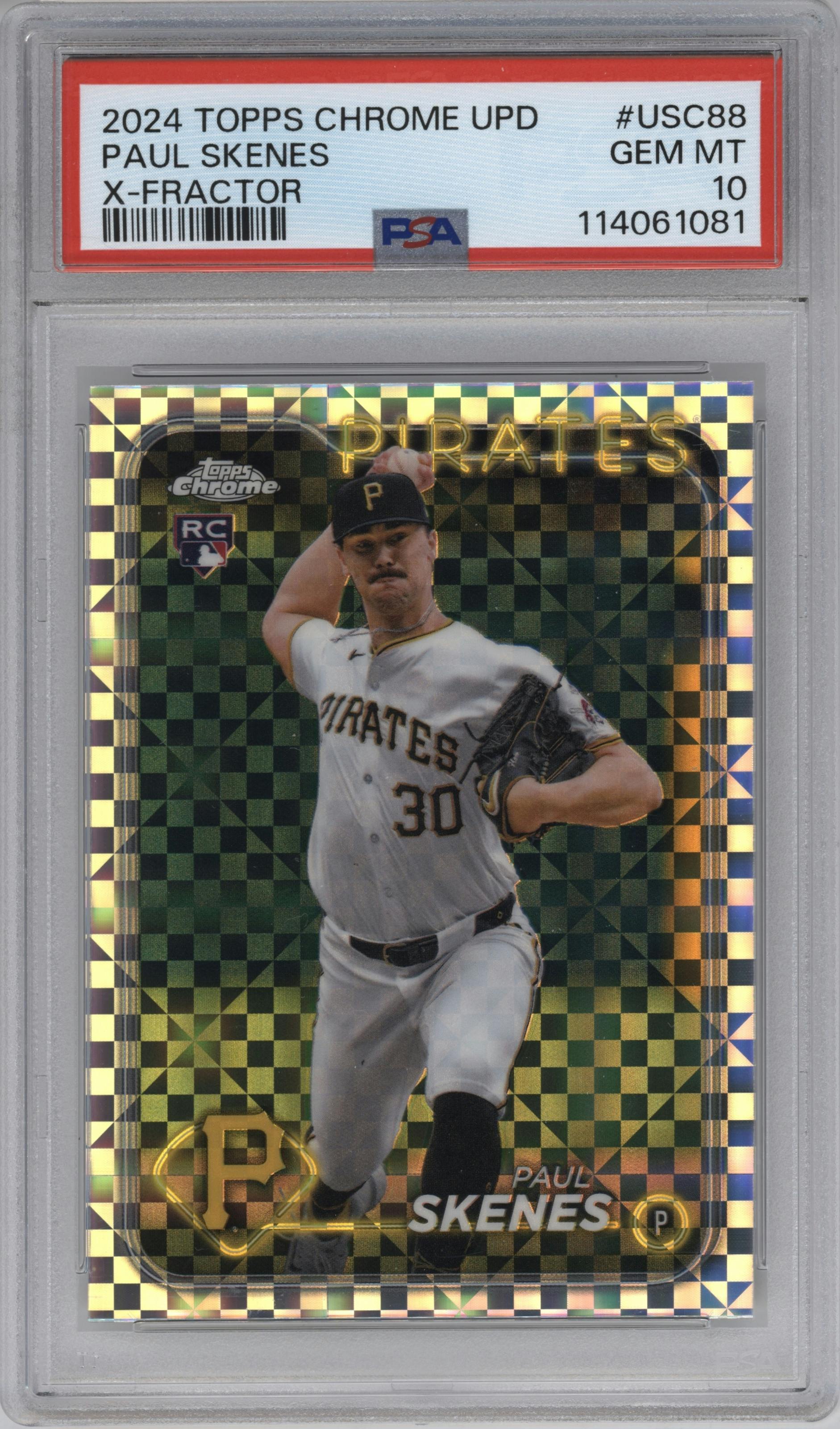 Paul Skenes from the 2024 Topps Chrome Update set featuring a X-Fractor parallel graded by PSA and given an overall grade of 10.