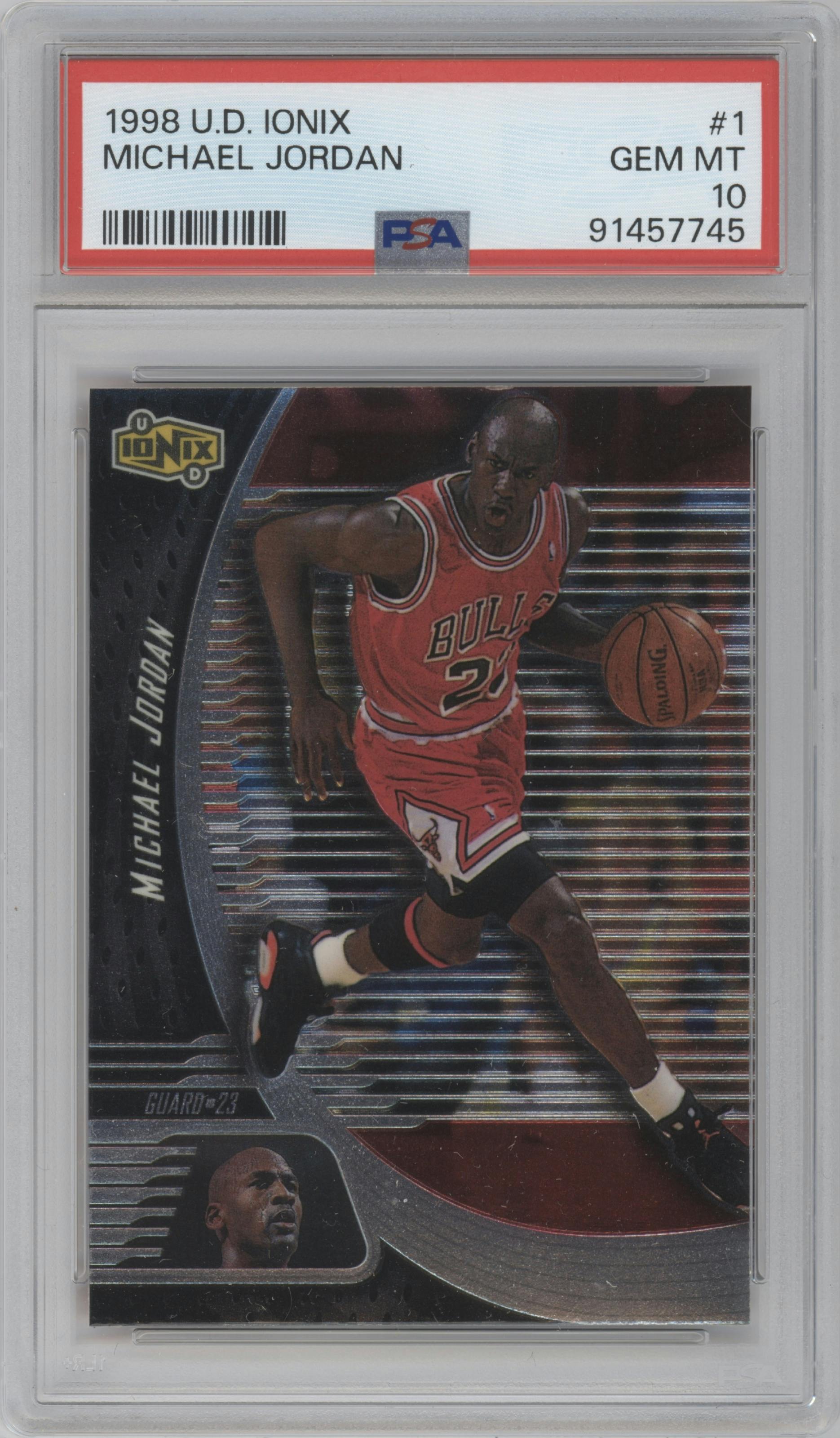 Michael Jordan from the 1998-99 Upper Deck Ionix set graded by PSA and given an overall grade of 10.