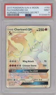 Charizard GX from the 2017 Pokemon S&M set graded by PSA and given an overall grade of 9.