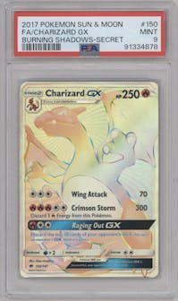 Charizard GX from the 2017 Pokemon S&M set graded by PSA and given an overall grade of 9.