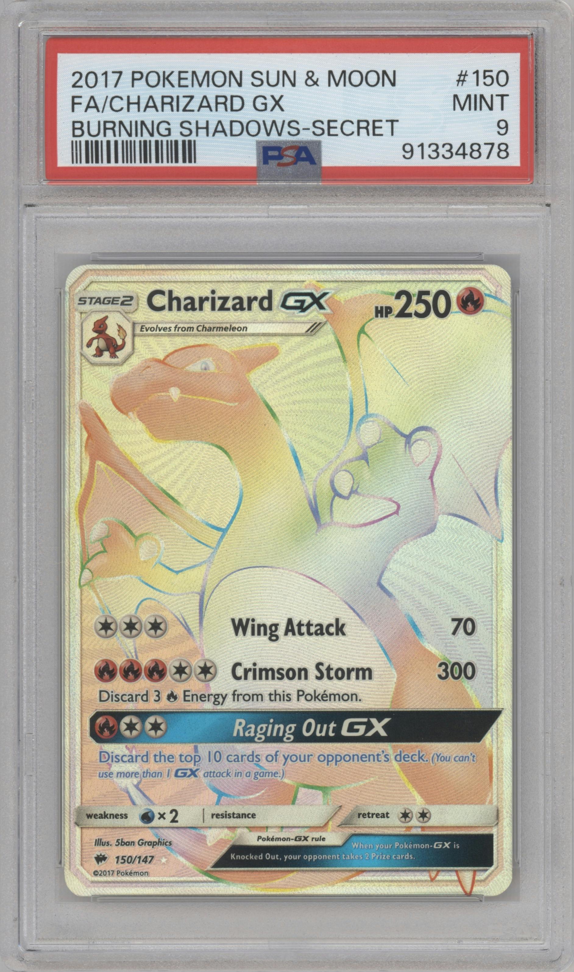 Charizard GX from the 2017 Pokemon S&M set graded by PSA and given an overall grade of 9.