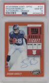 Saquon Barkley from the 2018 Panini Contenders Optic set featuring a Orange parallel graded by PSA and given an overall grade of 10.