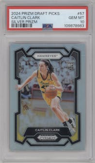Caitlin Clark from the 2024 Panini Prizm Draft Picks set featuring a Silver parallel graded by PSA and given an overall grade of 10.
