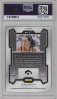 Caitlin Clark from the 2024 Panini Prizm Draft Picks set featuring a Silver parallel graded by PSA and given an overall grade of 10.