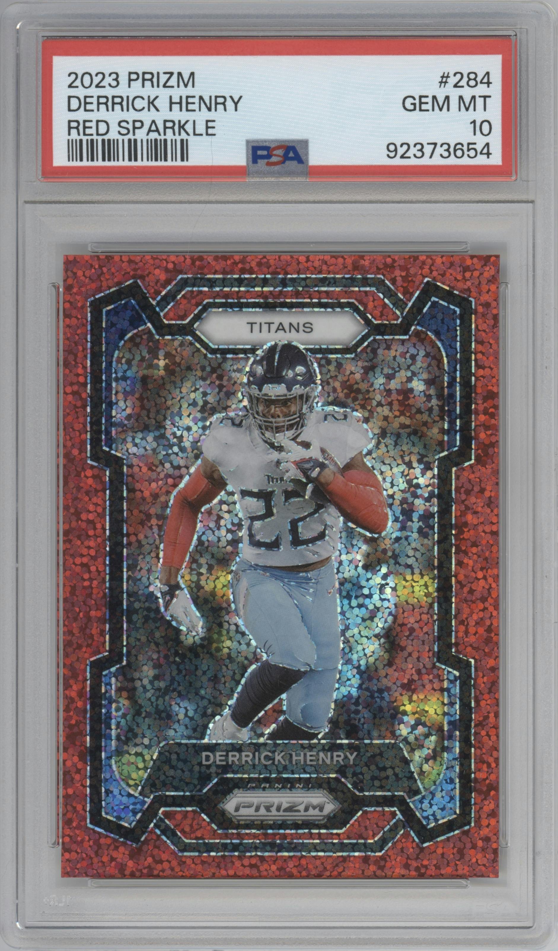 Derrick Henry from the 2023 Panini Prizm set featuring a Red Sparkle parallel graded by PSA and given an overall grade of 10.