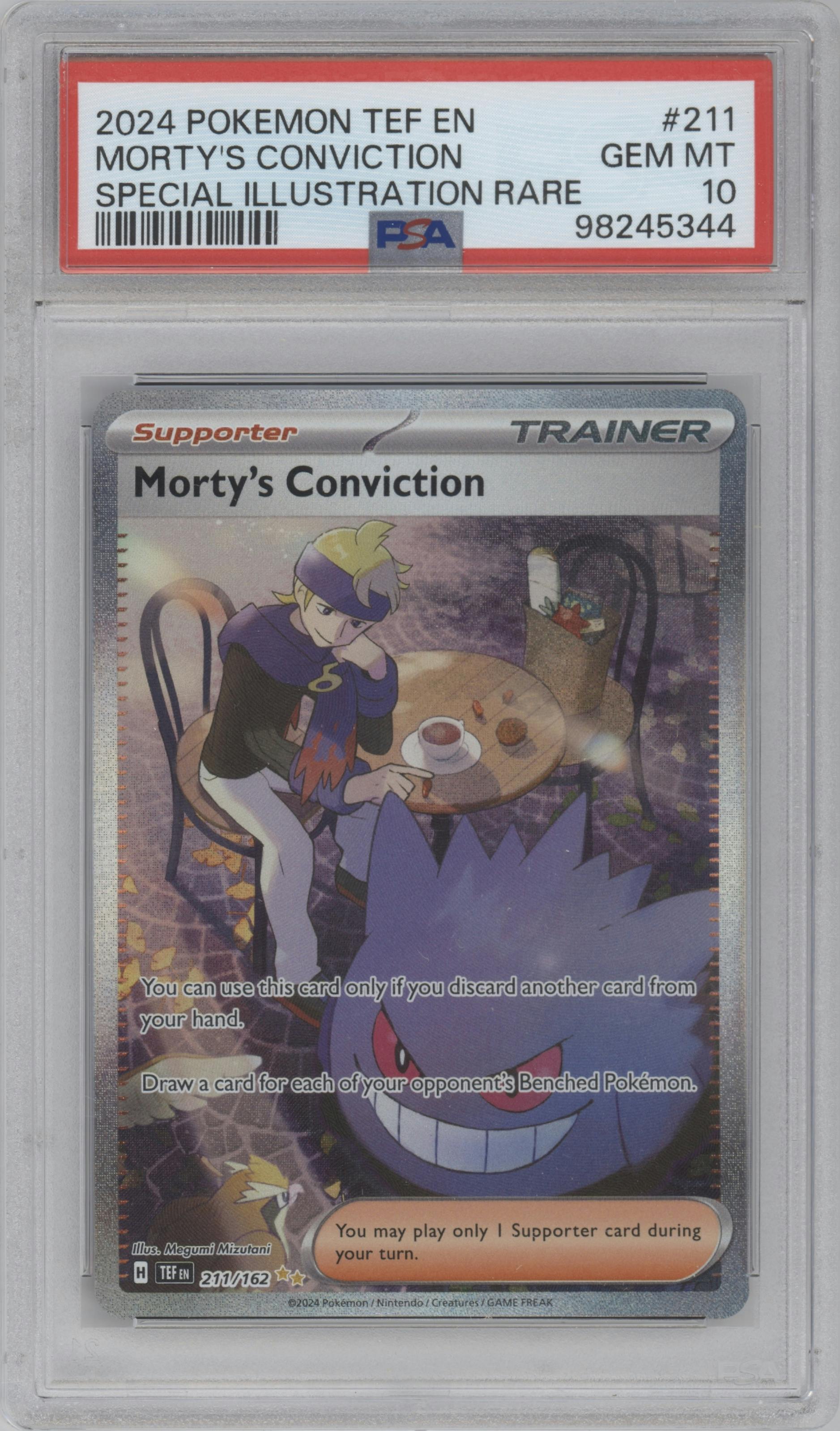 Morty's Conviction from the 2024 Pokemon SV set graded by PSA and given an overall grade of 10.